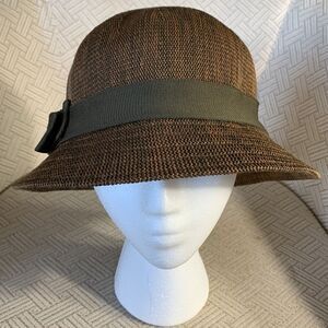 ISA & Stef knit hat muted green band bow trim warm shades of brown/green women’s